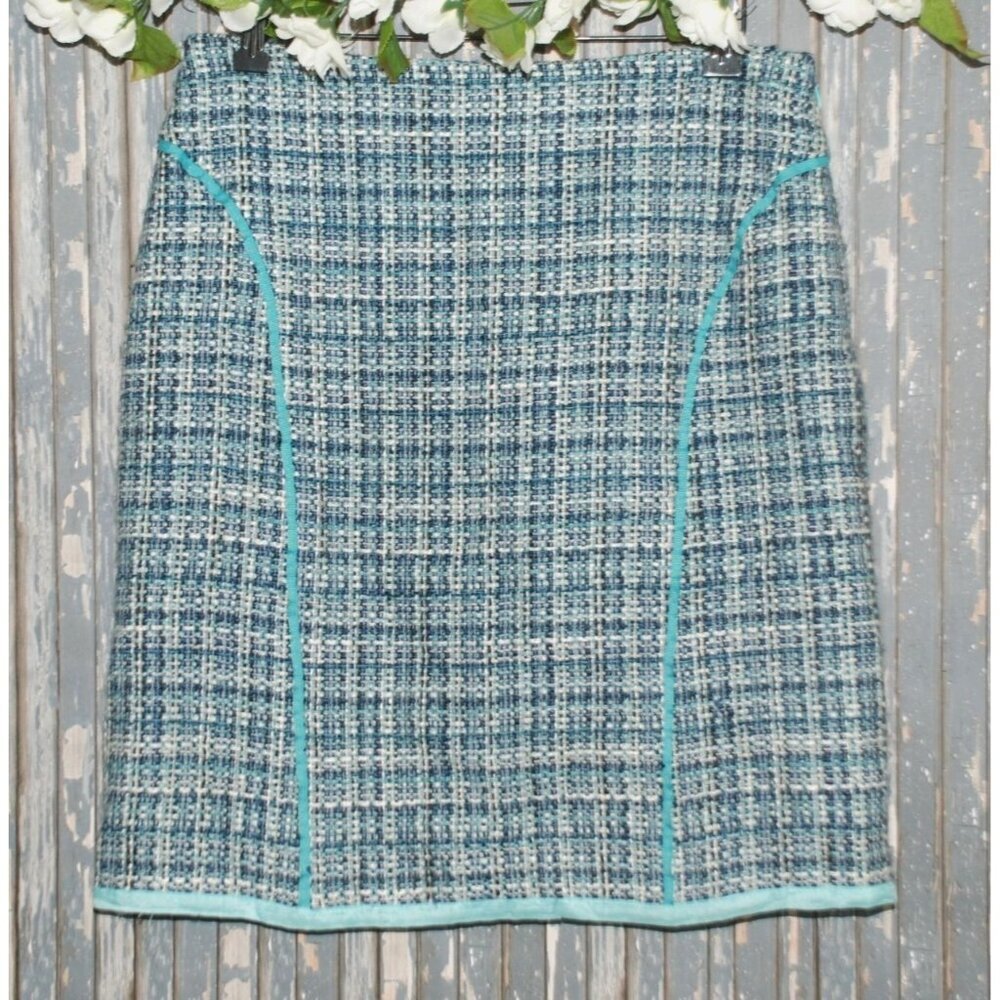Nine & Company Y2K Tweed Preppy Skirt Size 8 Aqua Blue Side Zip Office Career
